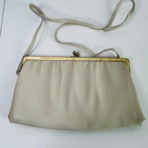 Vintage Andre Clasp Clutch Handbag Purse 1960s Cream Crossbody Gold  Leather